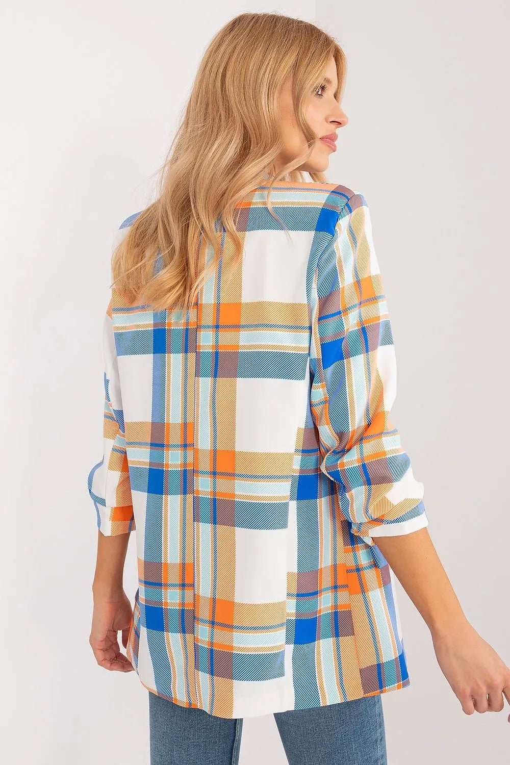 Women's Blazer - Open-Front Checkered - Regular Fit Hip-Length - White – Blazer | GUOCALI – view 3
