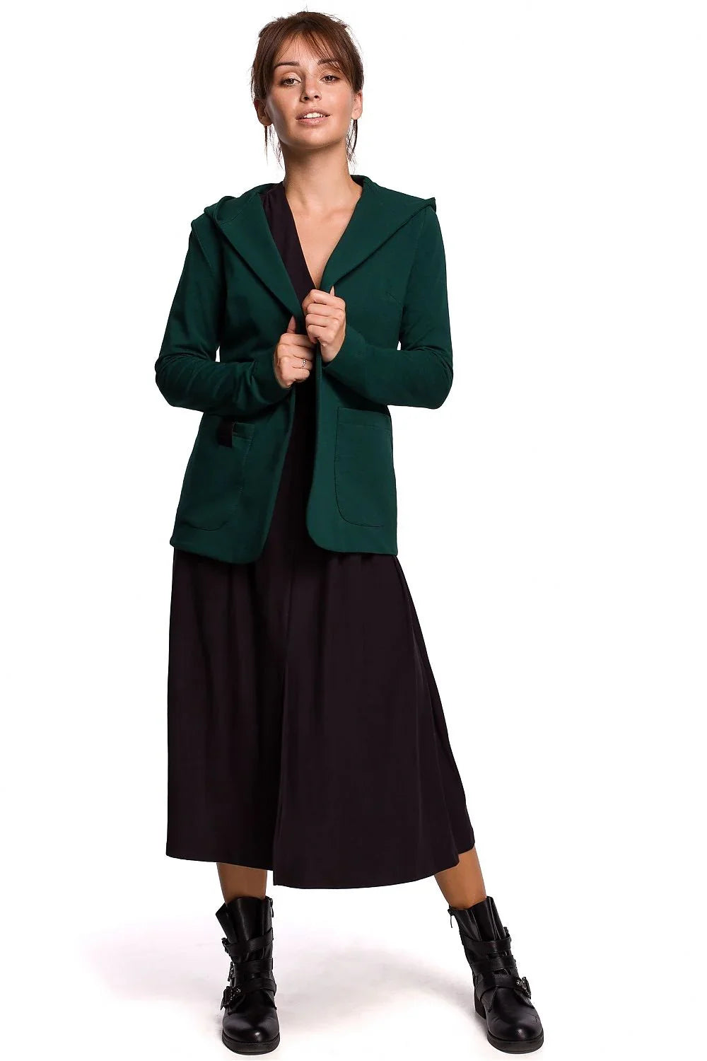 Women's Blazer - Open-Front Solid Cotton - Regular Fit Hip-Length - Green – Blazer | GUOCALI – view 2