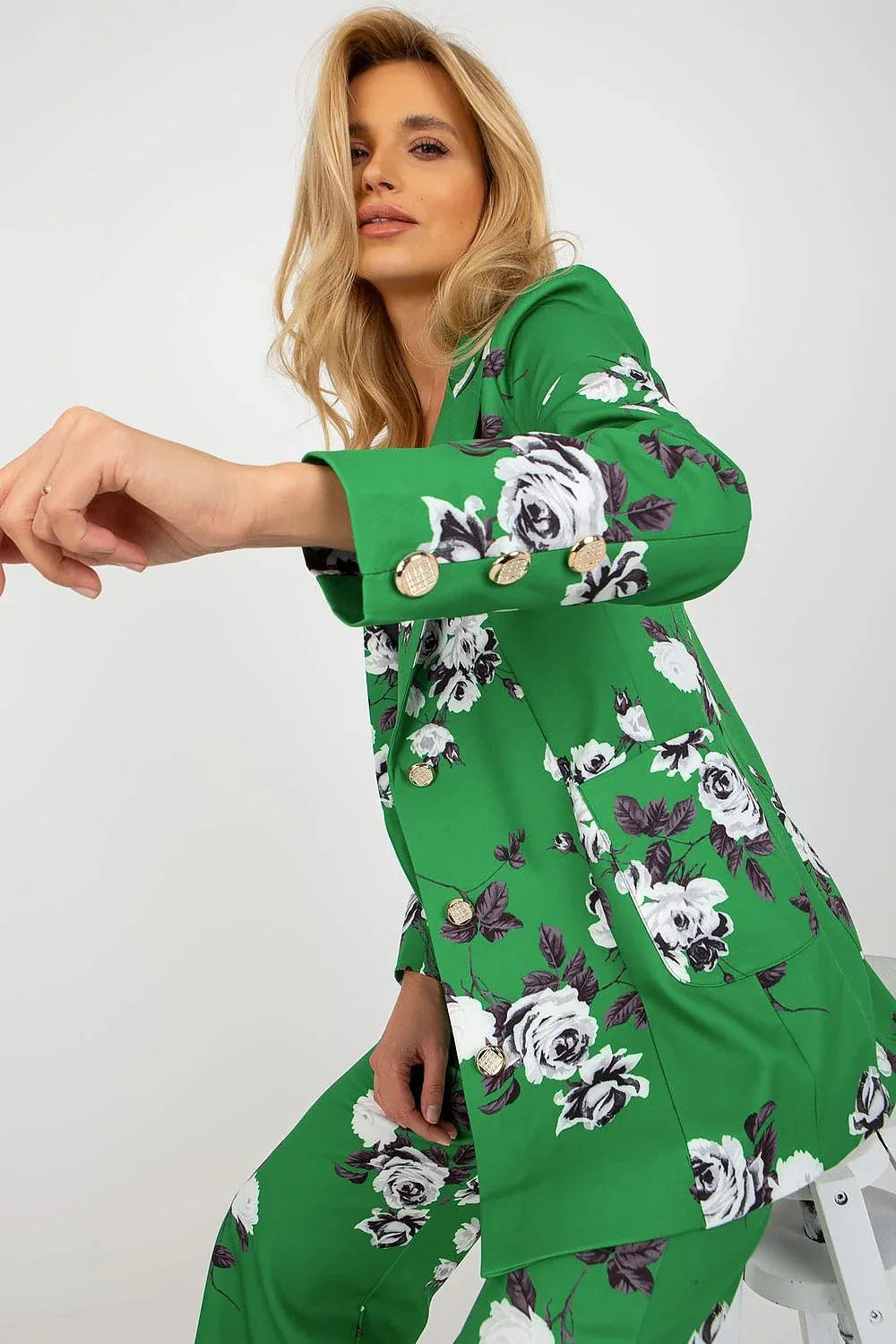 Women's Blazer - Single-Breasted Floral Cotton - Regular Fit Longline - Green – Suit Jacket | GUOCALI – view 2