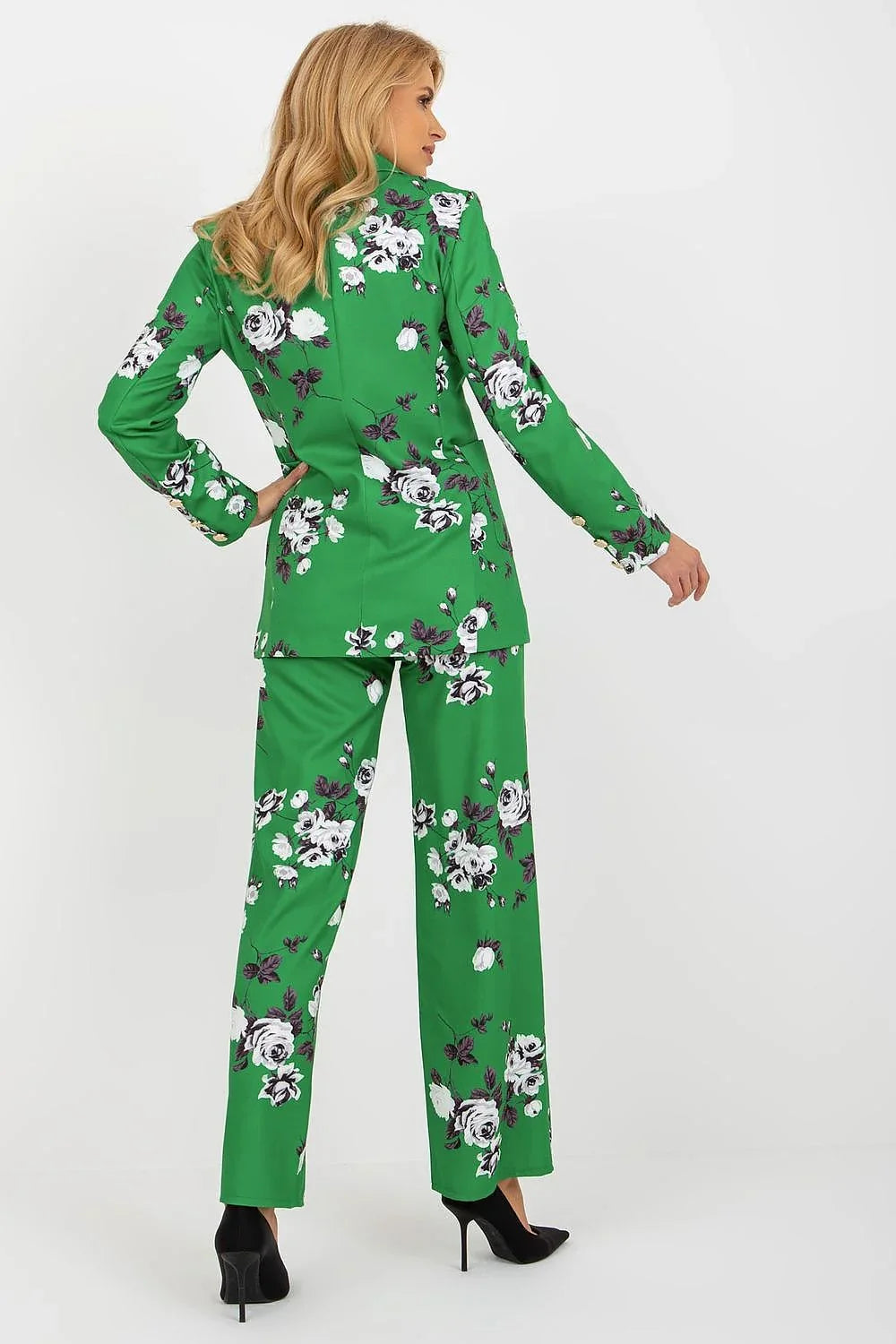Women's Blazer - Single-Breasted Floral Cotton - Regular Fit Longline - Green – Suit Jacket | GUOCALI – view 3
