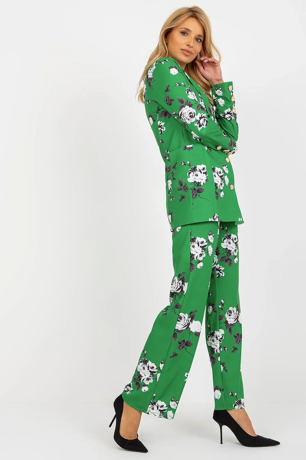 Women's Blazer - Single-Breasted Floral Cotton - Regular Fit Longline - Green – Suit Jacket | GUOCALI – view 4