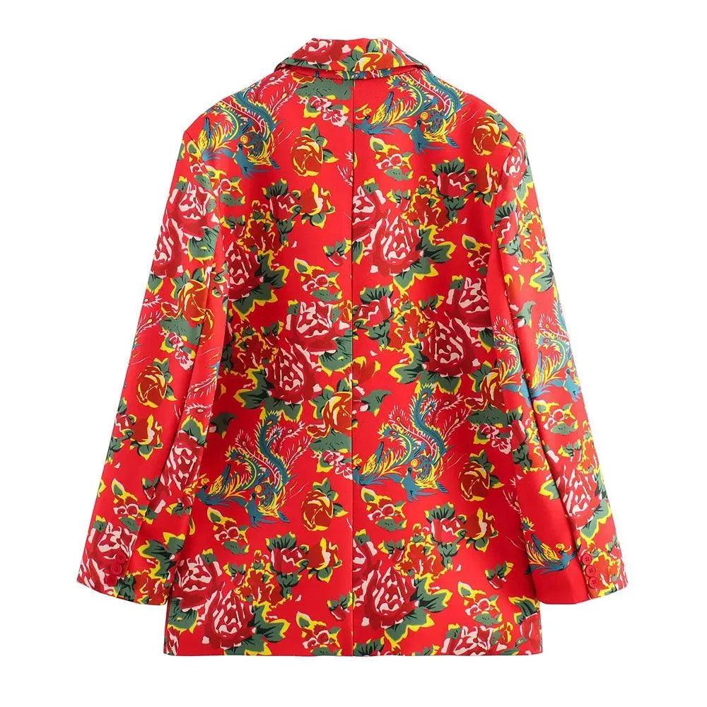 Women's Blazer - Single-Breasted Floral - Regular Fit Hip-Length - Red – Suit Jacket | GUOCALI – view 2