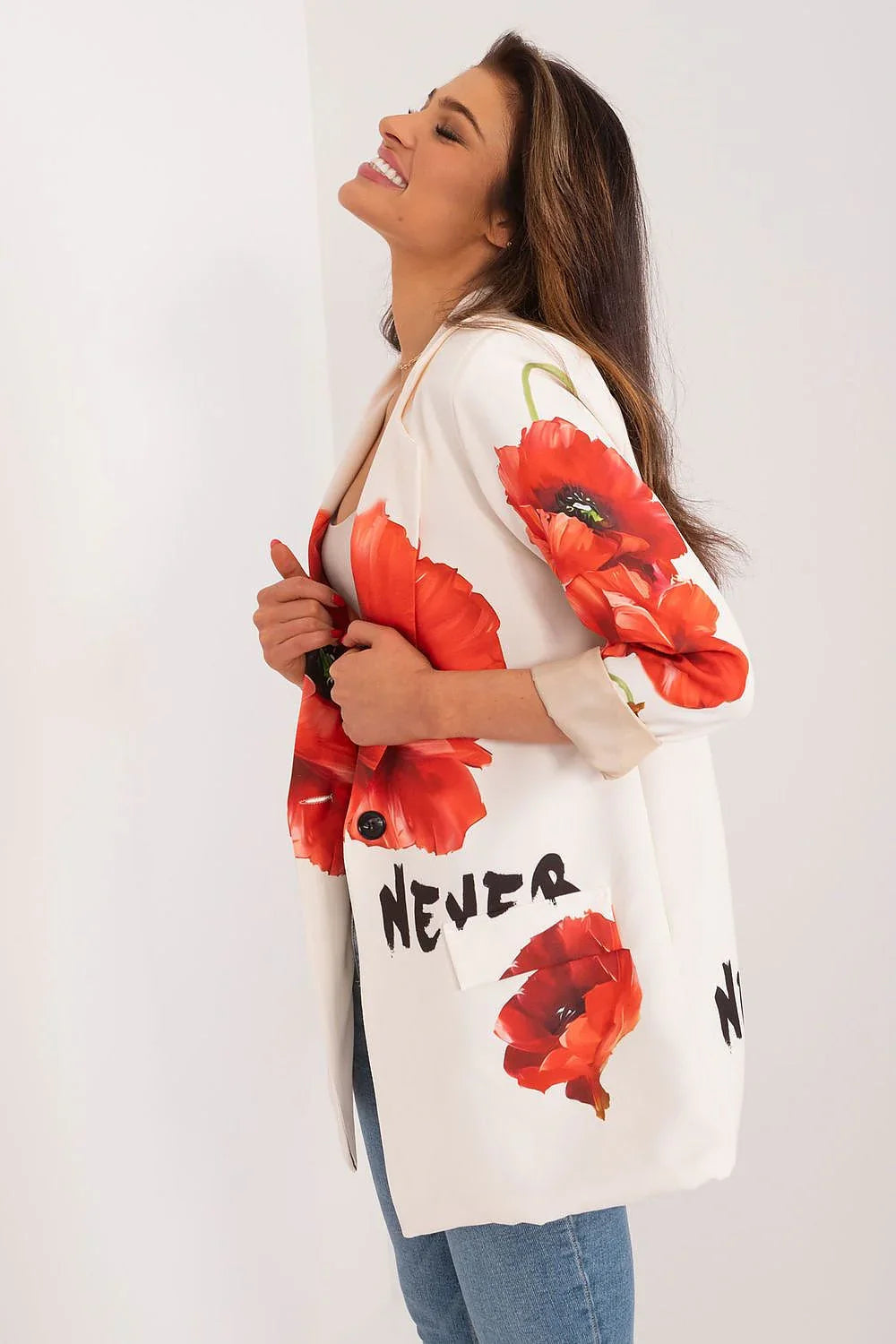 Women's Blazer - Single-Breasted Floral - Regular Fit Thigh-Length - Beige – Blazer | GUOCALI – view 2