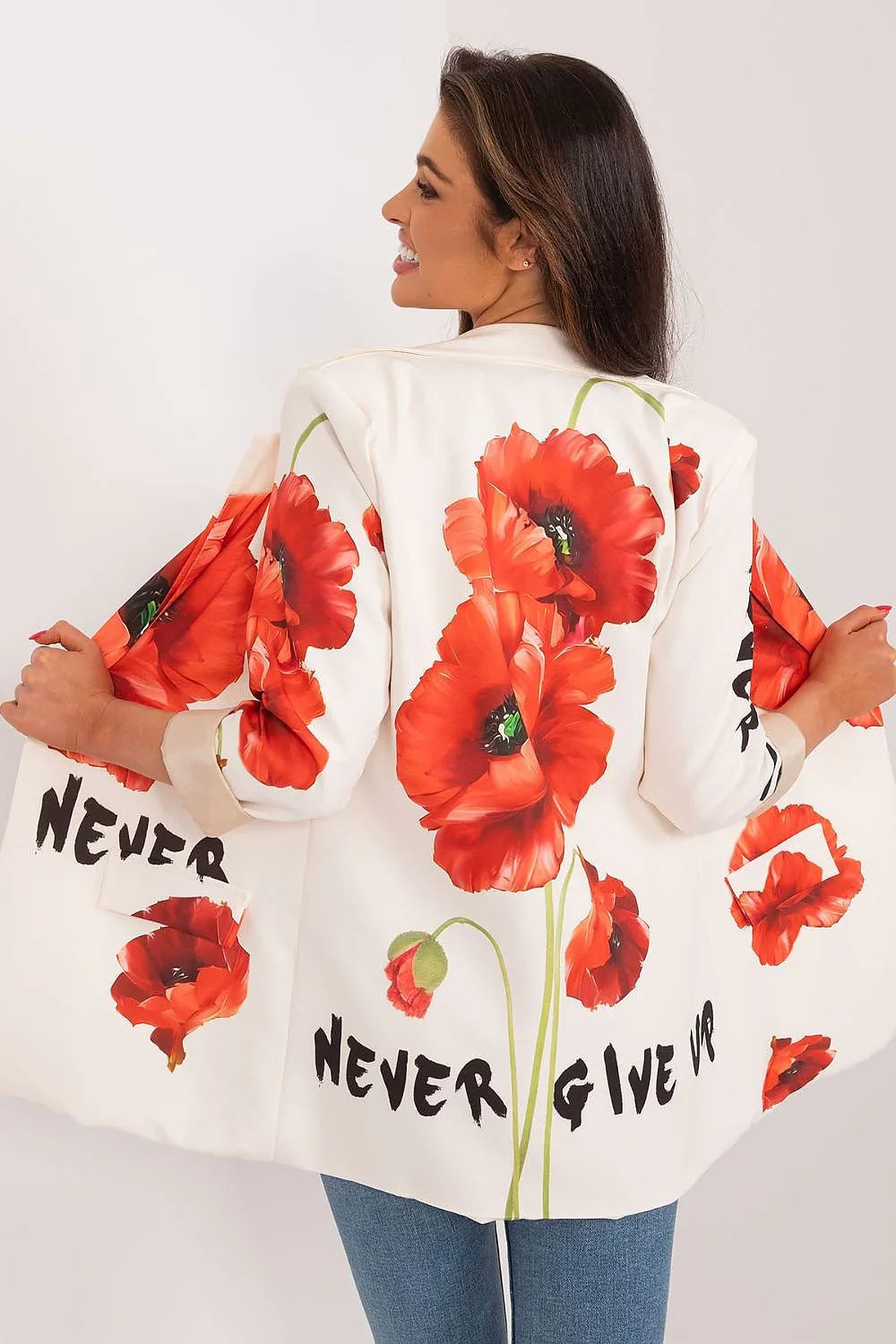 Women's Blazer - Single-Breasted Floral - Regular Fit Thigh-Length - Beige – Blazer | GUOCALI – view 3