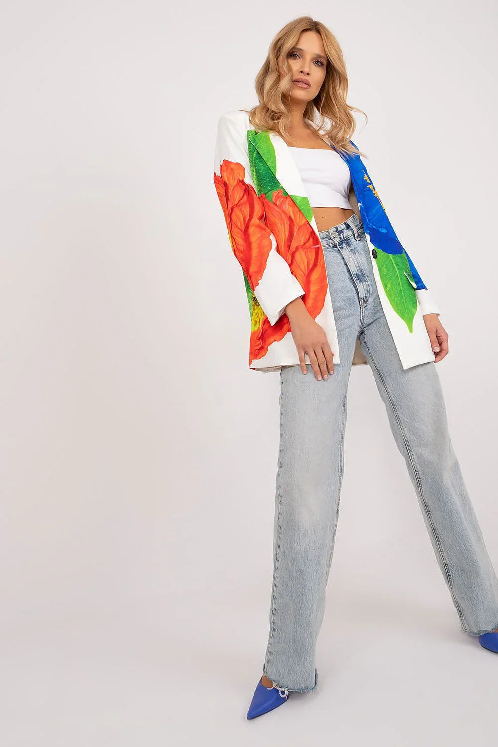 Women's Blazer - Single-Breasted Floral - Regular Fit Thigh-Length - White – Blazer | GUOCALI – view 2