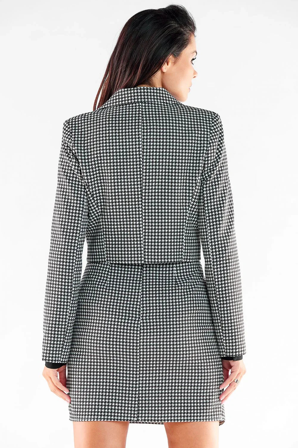 Women's Blazer - Single-Breasted Houndstooth Linen - Slim Fit Cropped - Black – Blazer | GUOCALI – view 3