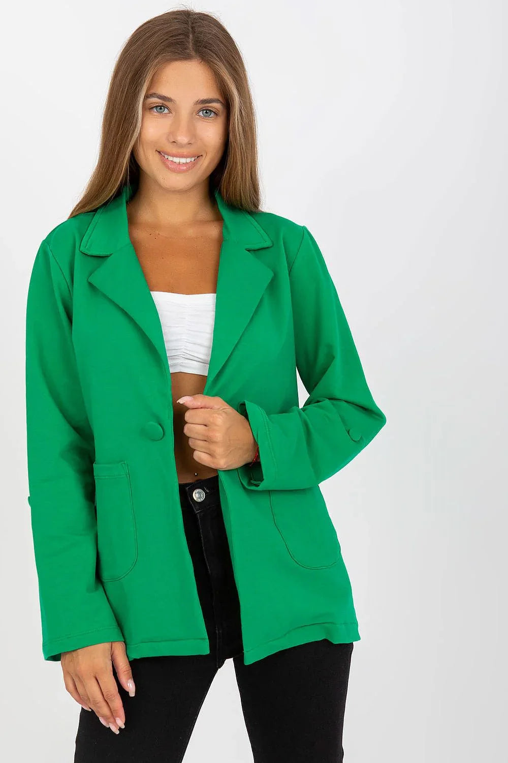 Women's Blazer - Single-Breasted Solid Cotton - Regular Fit Hip-Length - Green – Blazer | GUOCALI