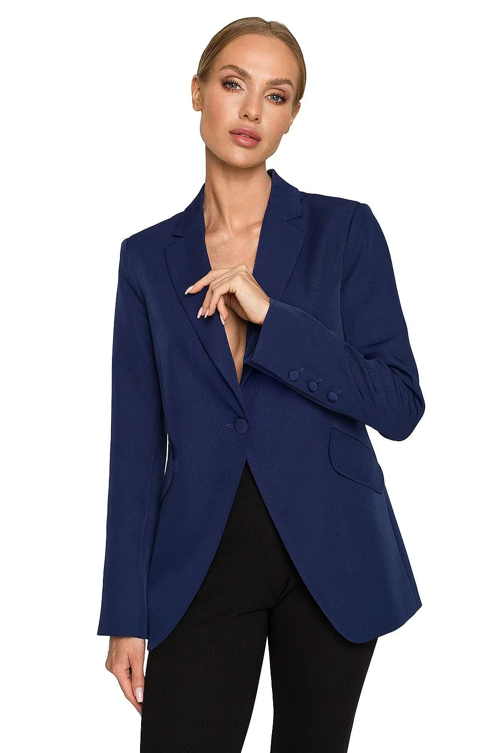 Women's Blazer - Single-Breasted Solid Linen - Slim Fit Hip-Length - Navy – Blazer | GUOCALI