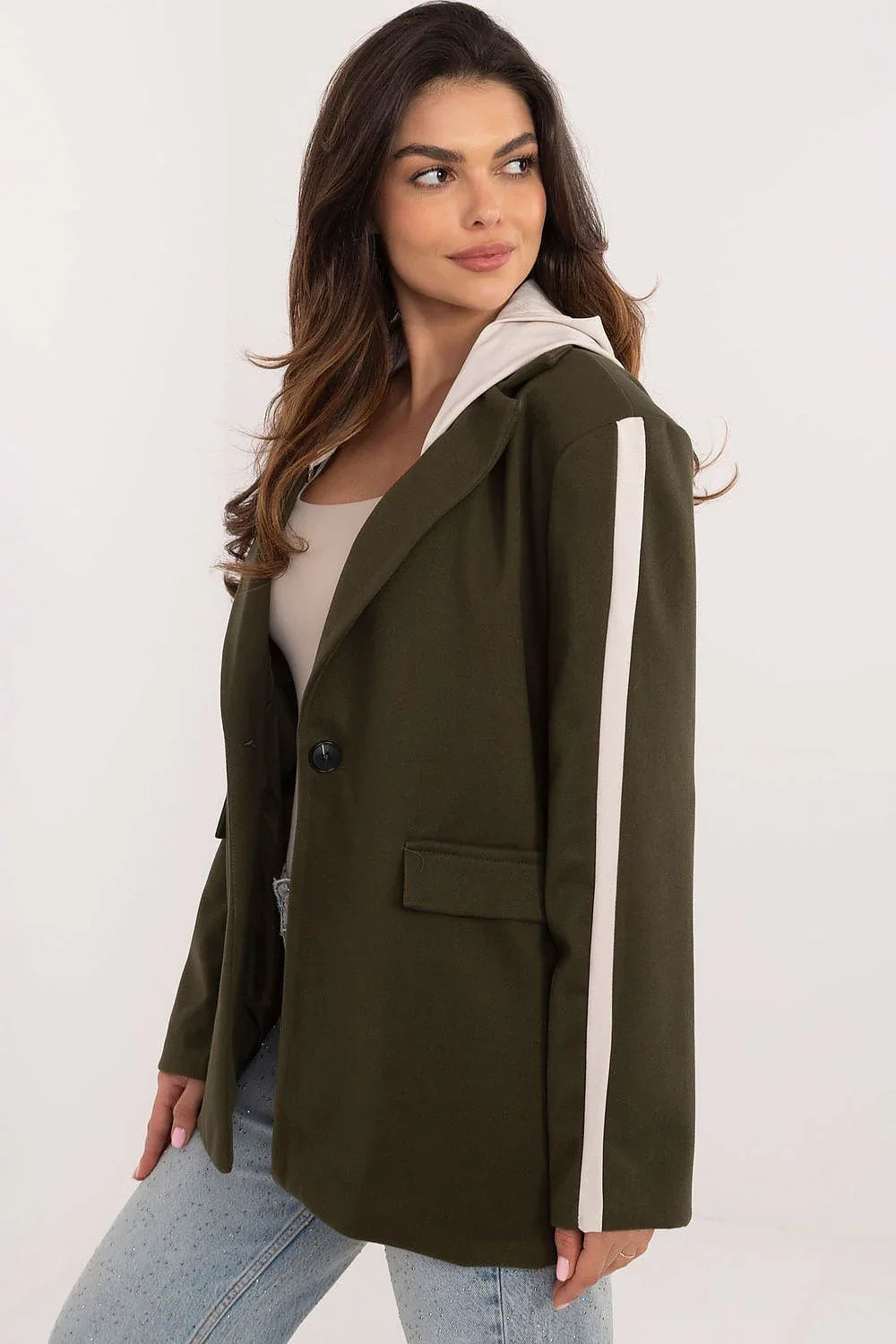 Women's Blazer - Single-Breasted Striped - Regular Fit Hip-Length - Green – Blazer | GUOCALI – view 2