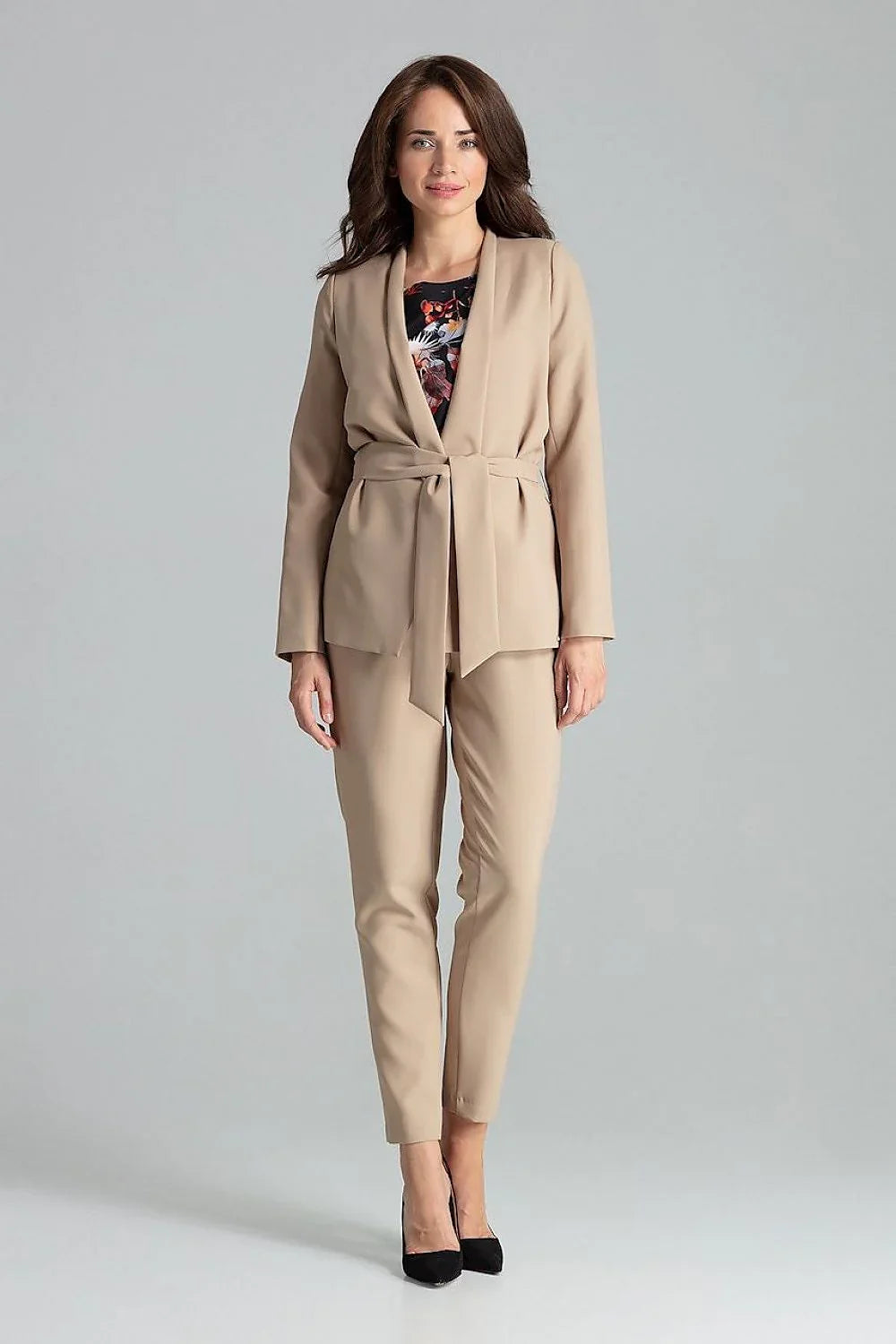Women's Blazer - Tie-Waist Wrap Solid - Regular Fit Hip-Length - Beige – Suit Jacket | GUOCALI – view 2