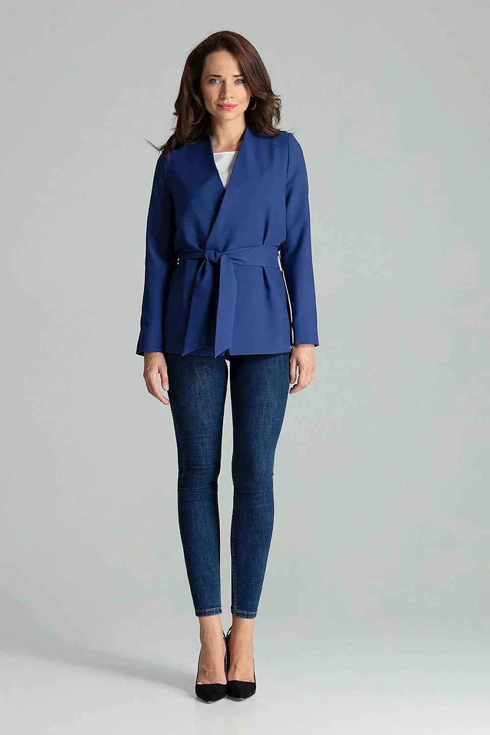 Women's Blazer - Tie-Waist Wrap Solid - Regular Fit Hip-Length - Blue – Suit Jacket | GUOCALI – view 4