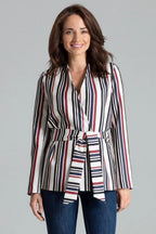 Women's Blazer - Tie-Waist Wrap Striped - Regular Fit Hip-Length - White – Blazer | GUOCALI