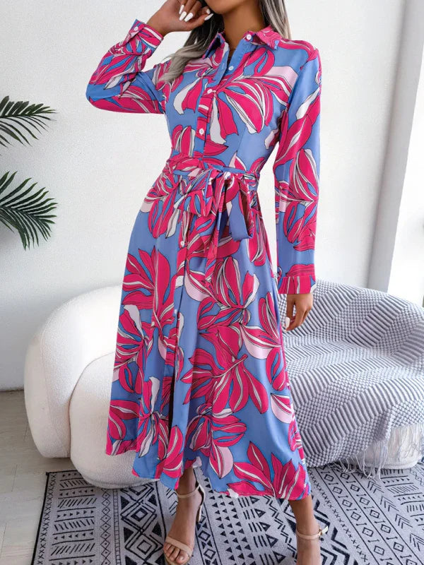 Women's Floral Print Lapel Tie Shirt Dress-Padded Bra-GUOCALI