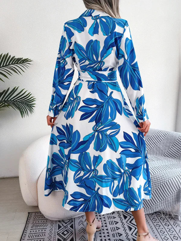 Women's Floral Print Lapel Tie Shirt Dress-Padded Bra-GUOCALI