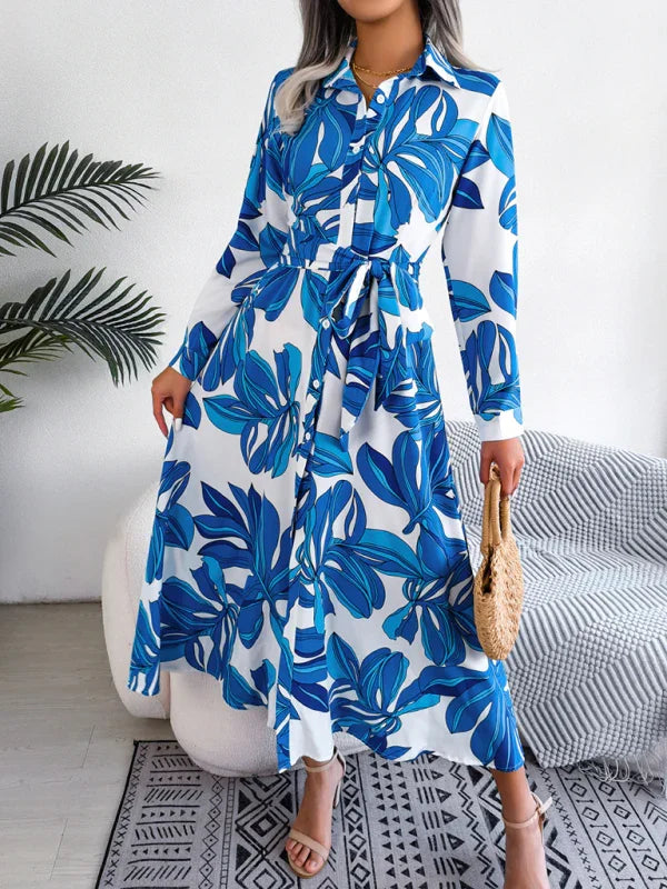 Women's Floral Print Lapel Tie Shirt Dress-Padded Bra-GUOCALI