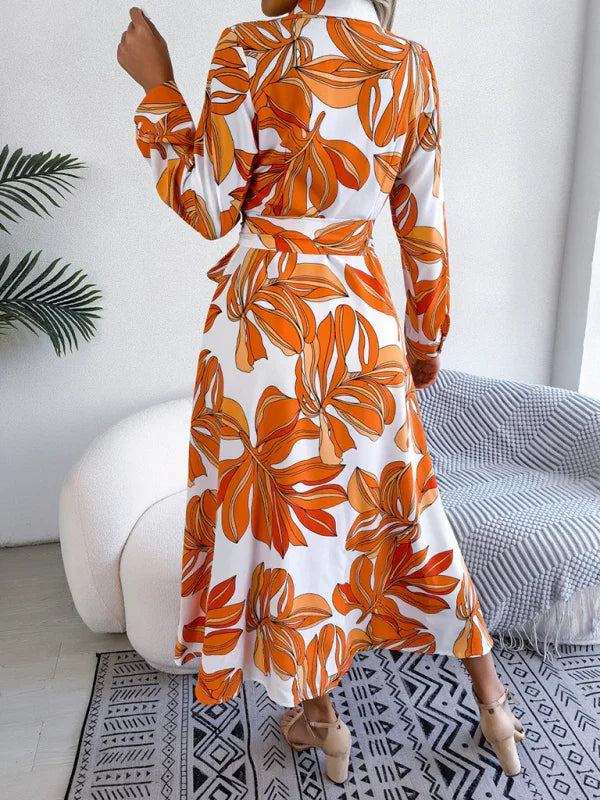 Women's Floral Print Lapel Tie Shirt Dress-Padded Bra-GUOCALI
