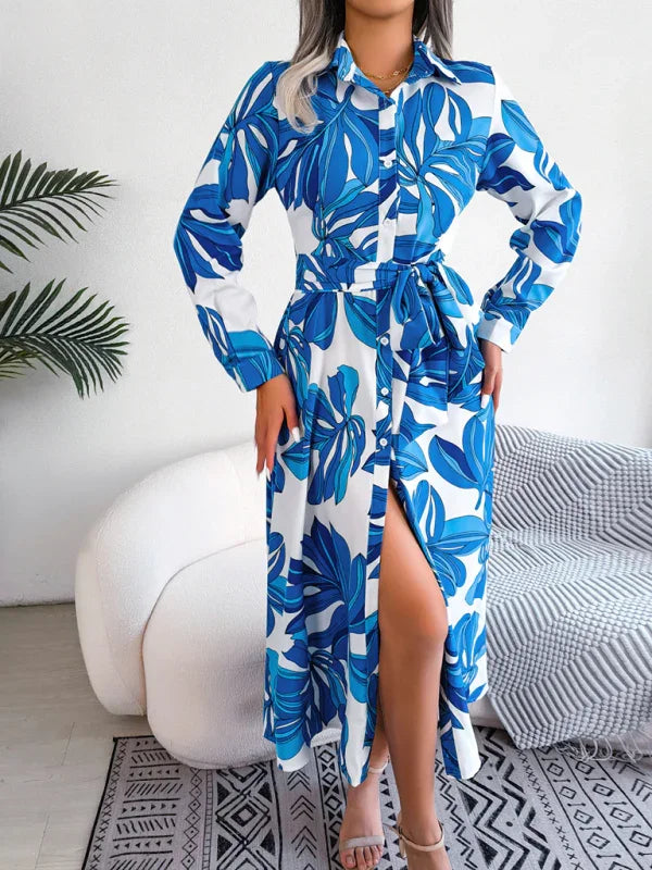 Women's Floral Print Lapel Tie Shirt Dress-Padded Bra-GUOCALI