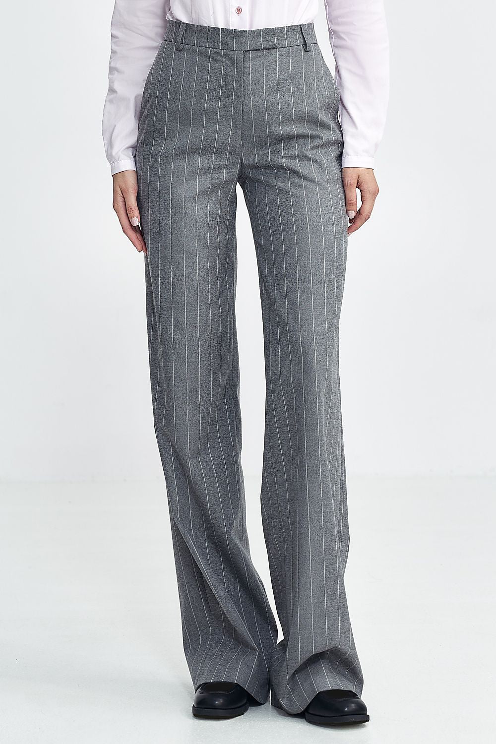 Women's High-Waist Pinstripe Fitted Trousers – Grey – Trousers | GUOCALI