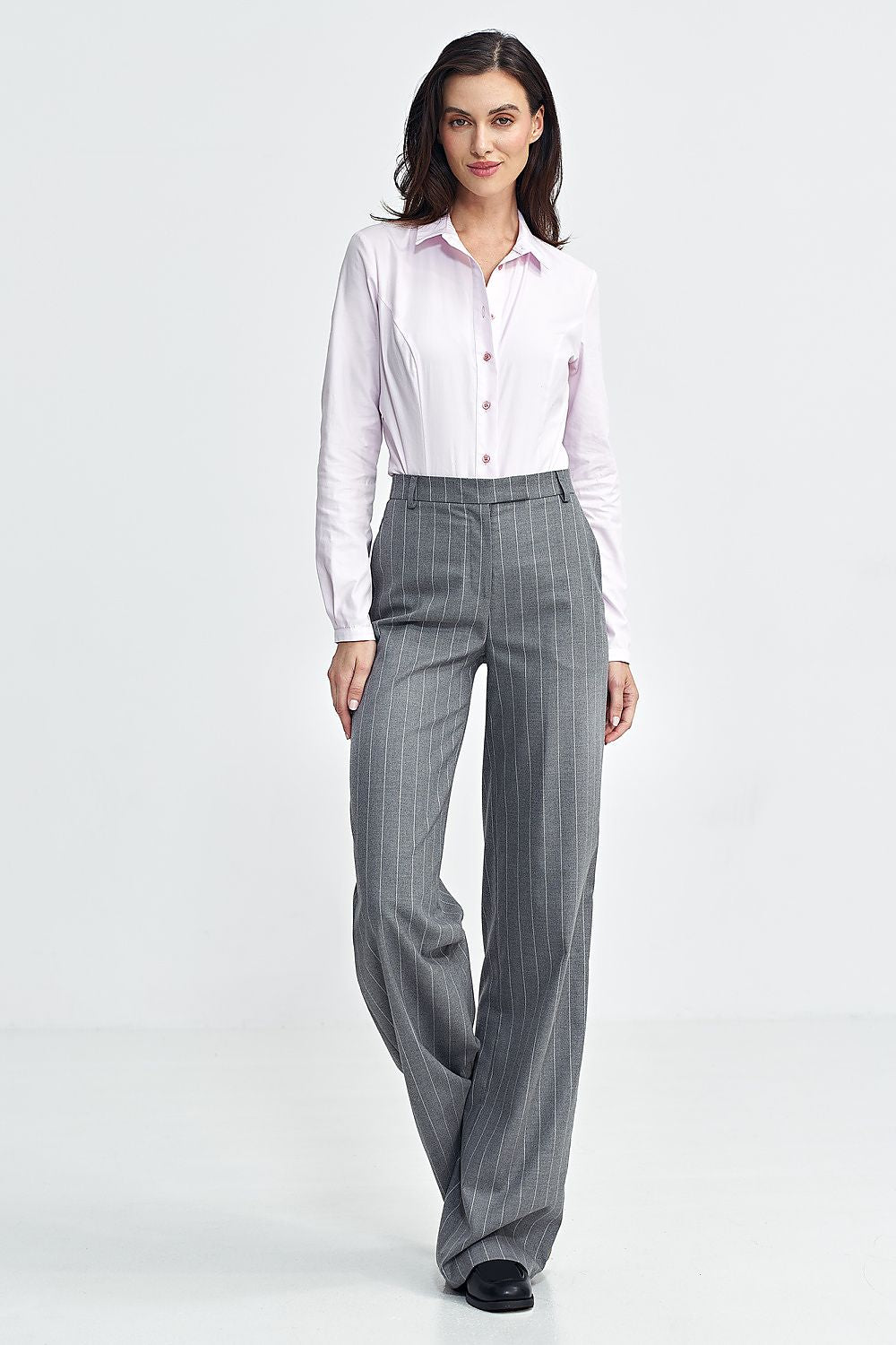Women's High-Waist Pinstripe Fitted Trousers – Grey – Trousers | GUOCALI – view 2