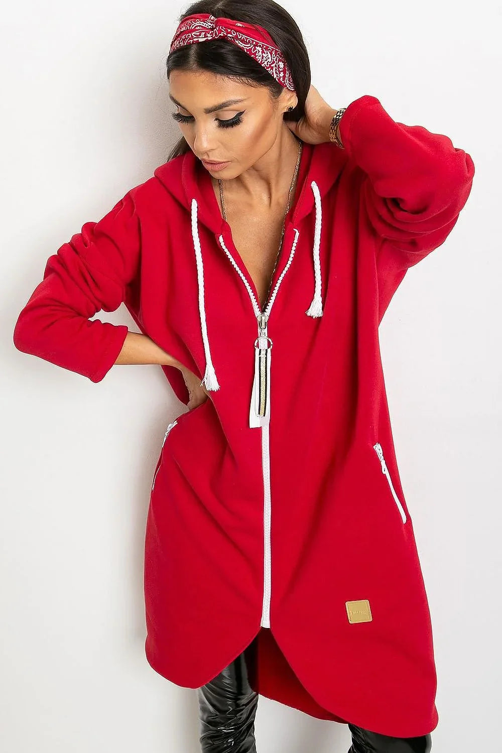 Women's Hoodie Athleisure Longline Full-Zip Stretch Cotton – Hoodie | GUOCALI – view 31