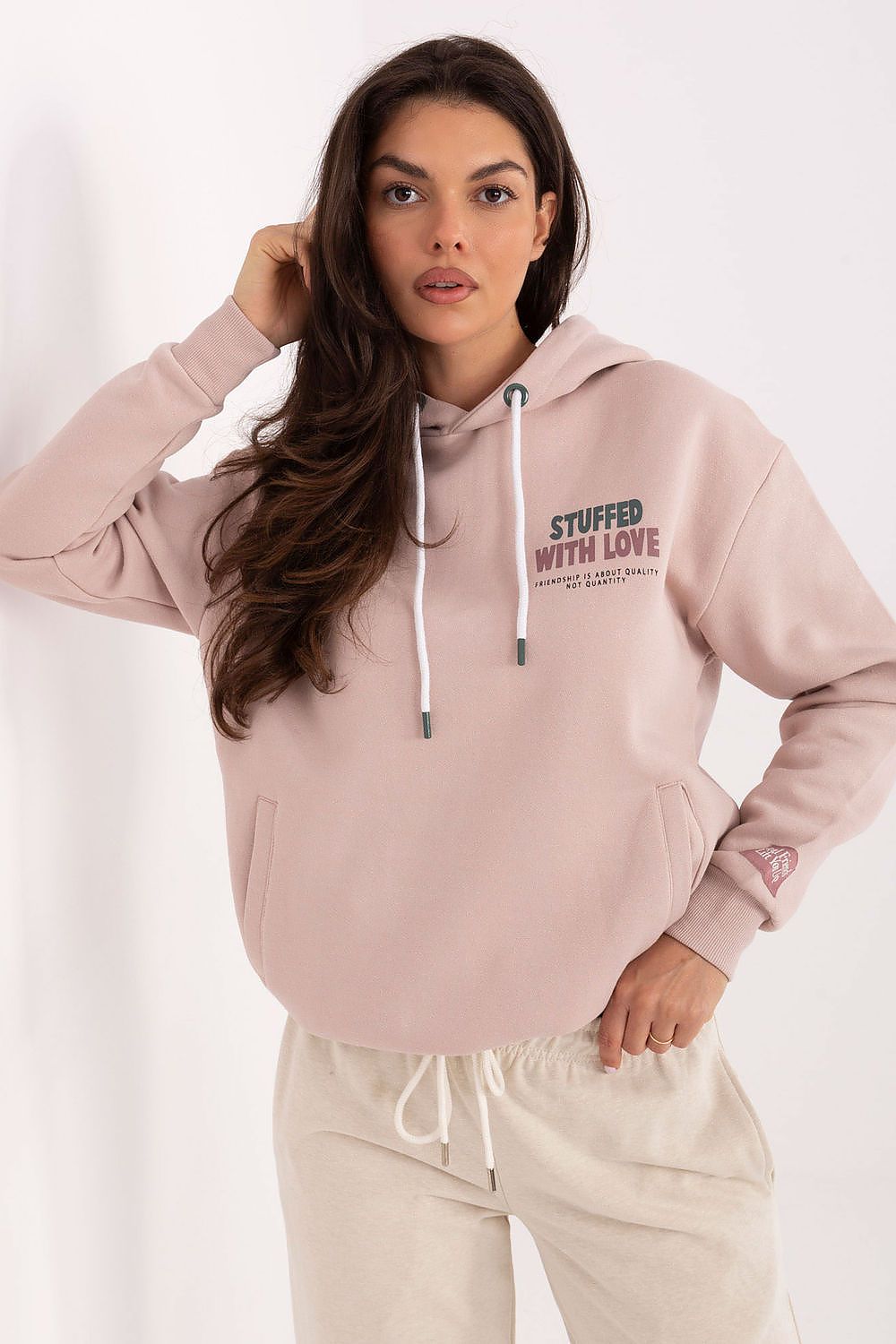 Women's hoodie pink back print drawstring hood front view