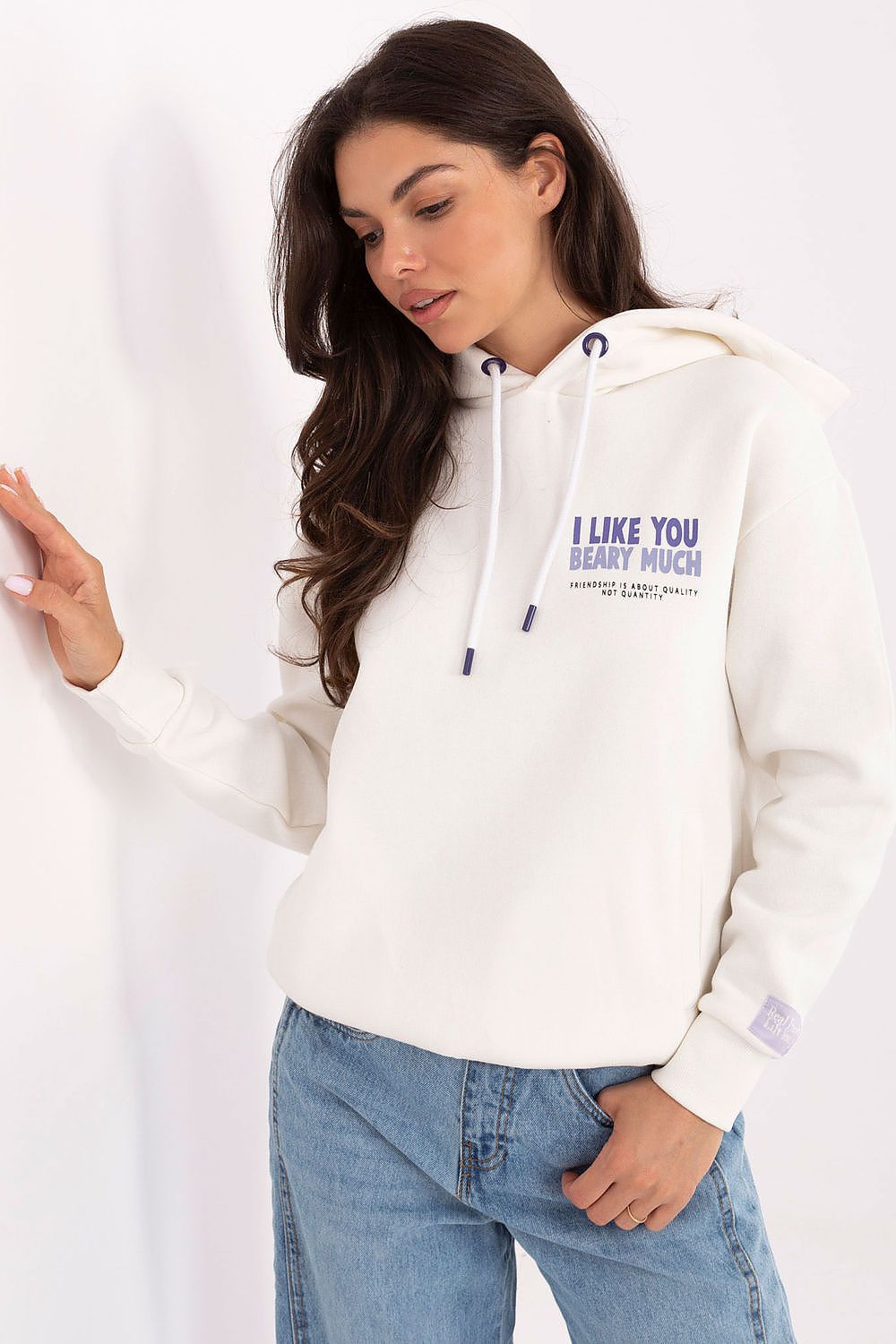 Women's hoodie white back print drawstring hood front view