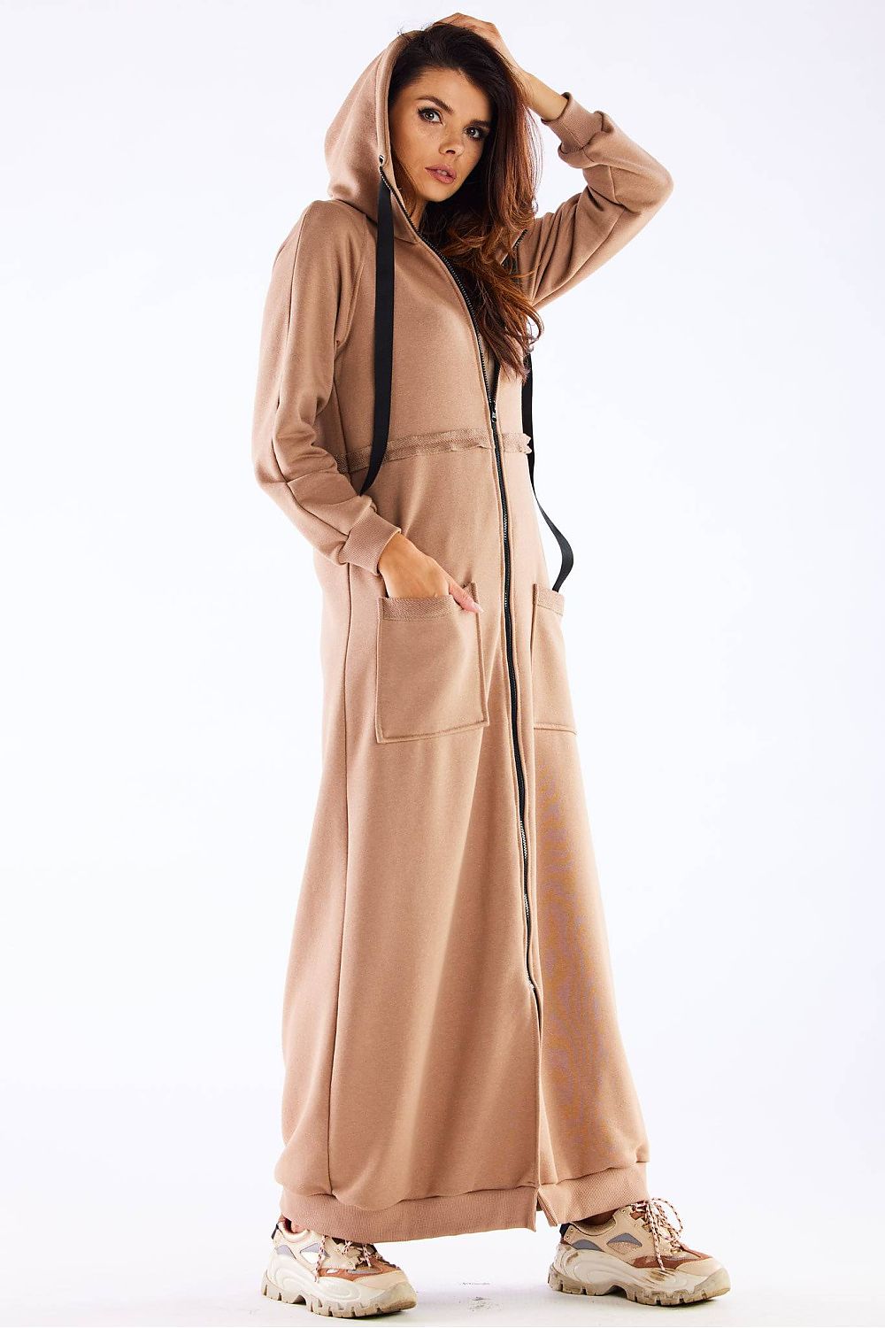 Women's hoodie beige longline zip-up long sleeves cotton blend