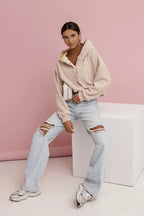 Women's hoodie beige loose fit lightweight cotton blend