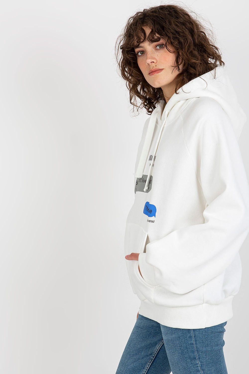Women's hoodie beige raglan sleeves graphic cotton blend