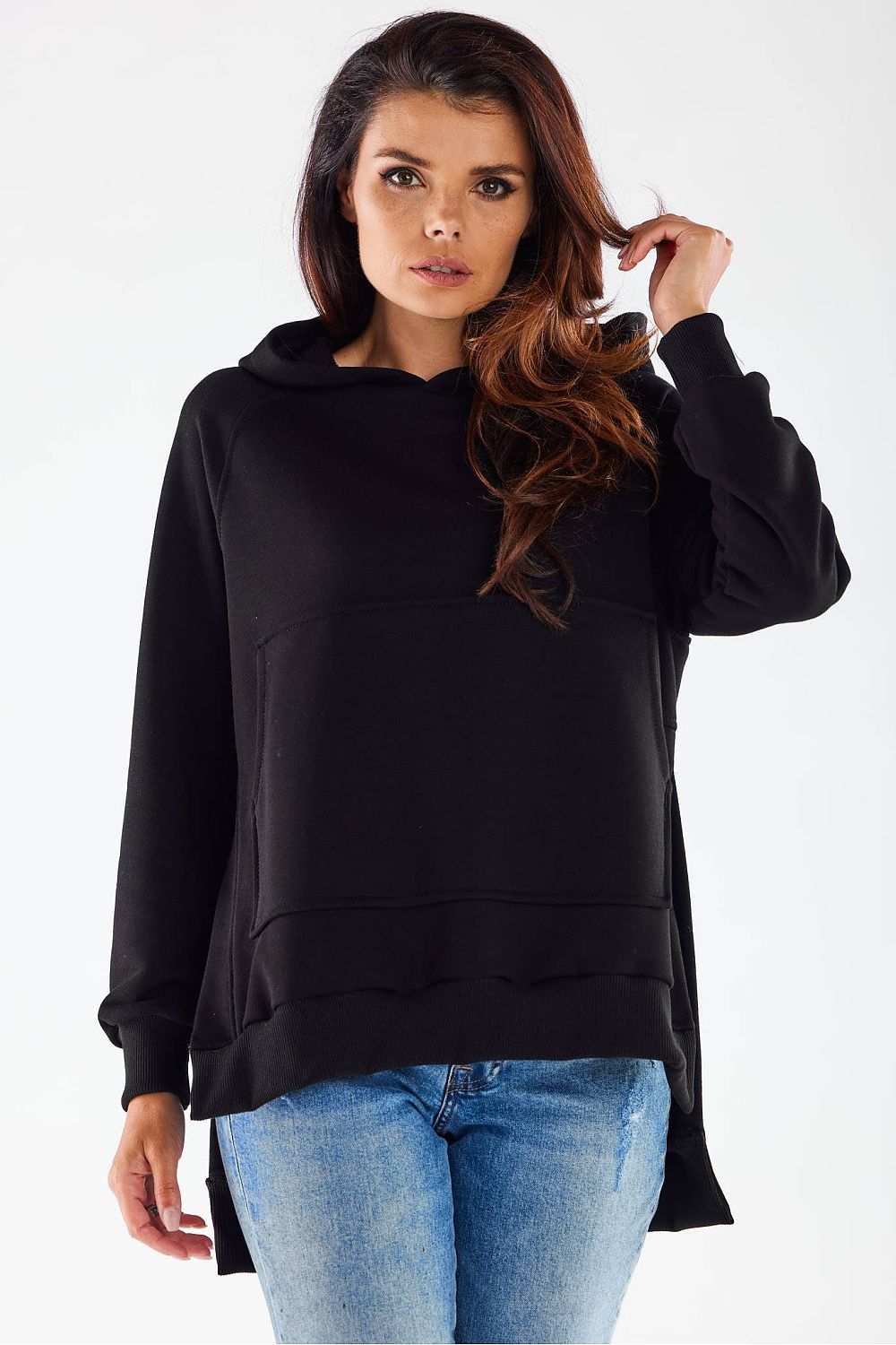 Women's hoodie black oversized longline kangaroo pocket cotton blend