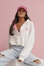 Women's hoodie beige button placket front view