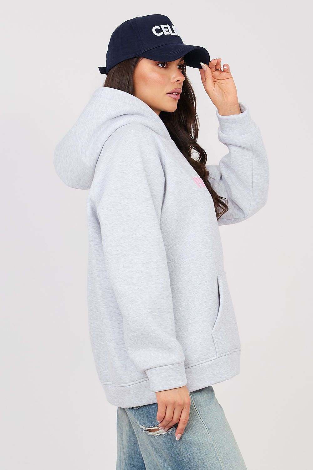 Women's hoodie grey kangaroo pocket side view