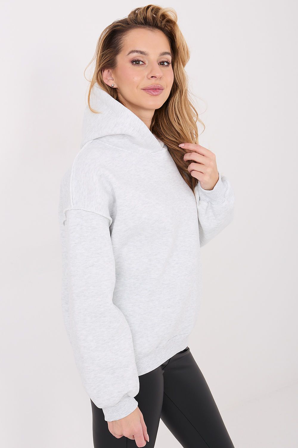 Women's hoodie grey pullover exposed seams front view