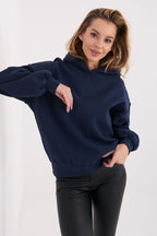 Women's hoodie navy pullover exposed seams front view