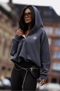 Women's hoodie grey fleece button placket front view