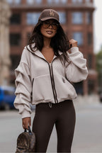 Women's hoodie beige fleece full zip front view