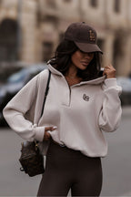 Women's hoodie beige fleece open front view