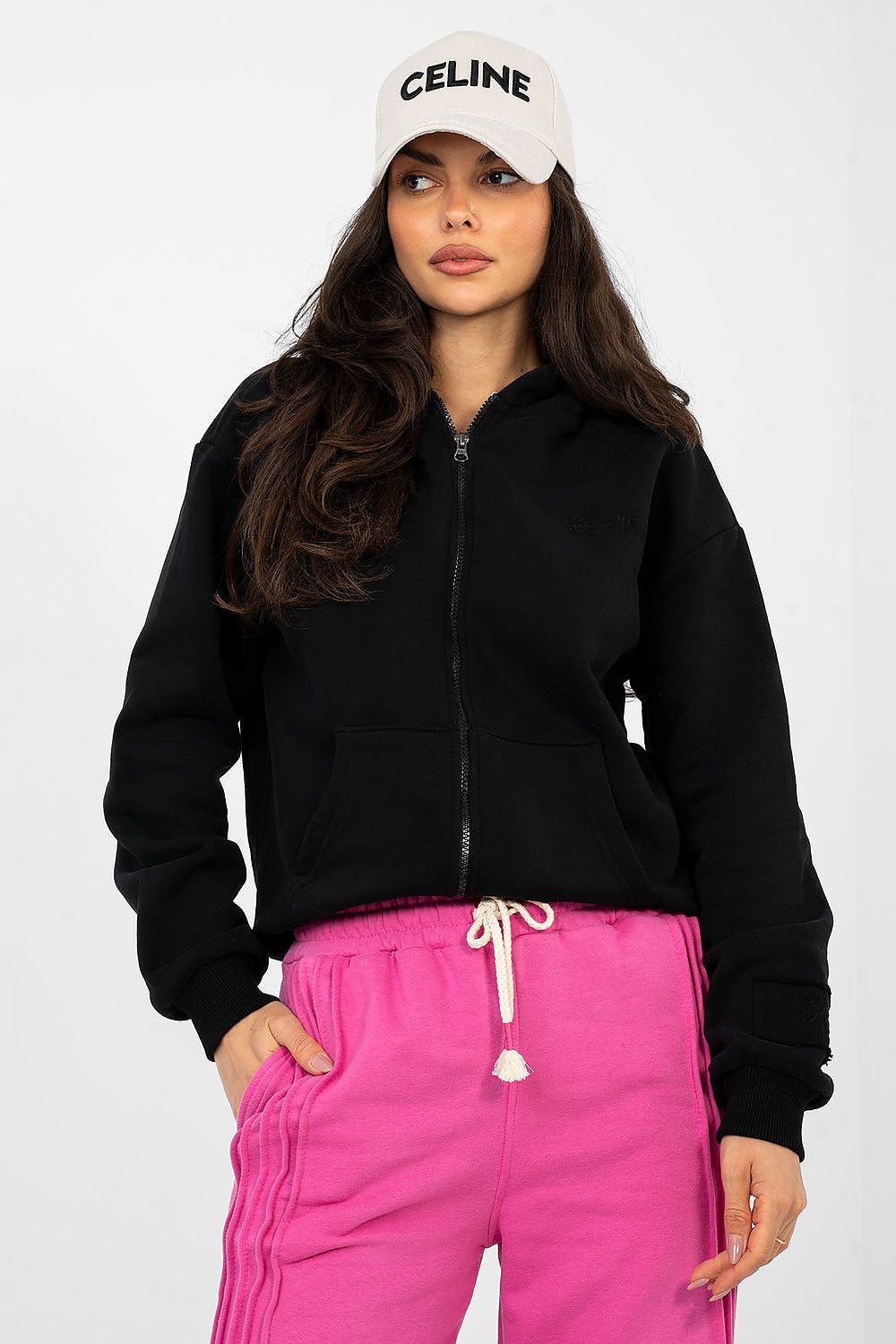 Women's hoodie black full zip front view