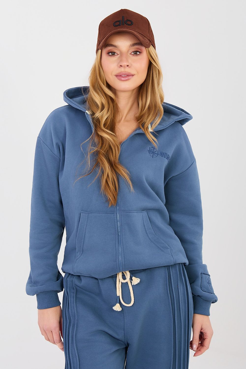 Women's hoodie blue zip-up casual view