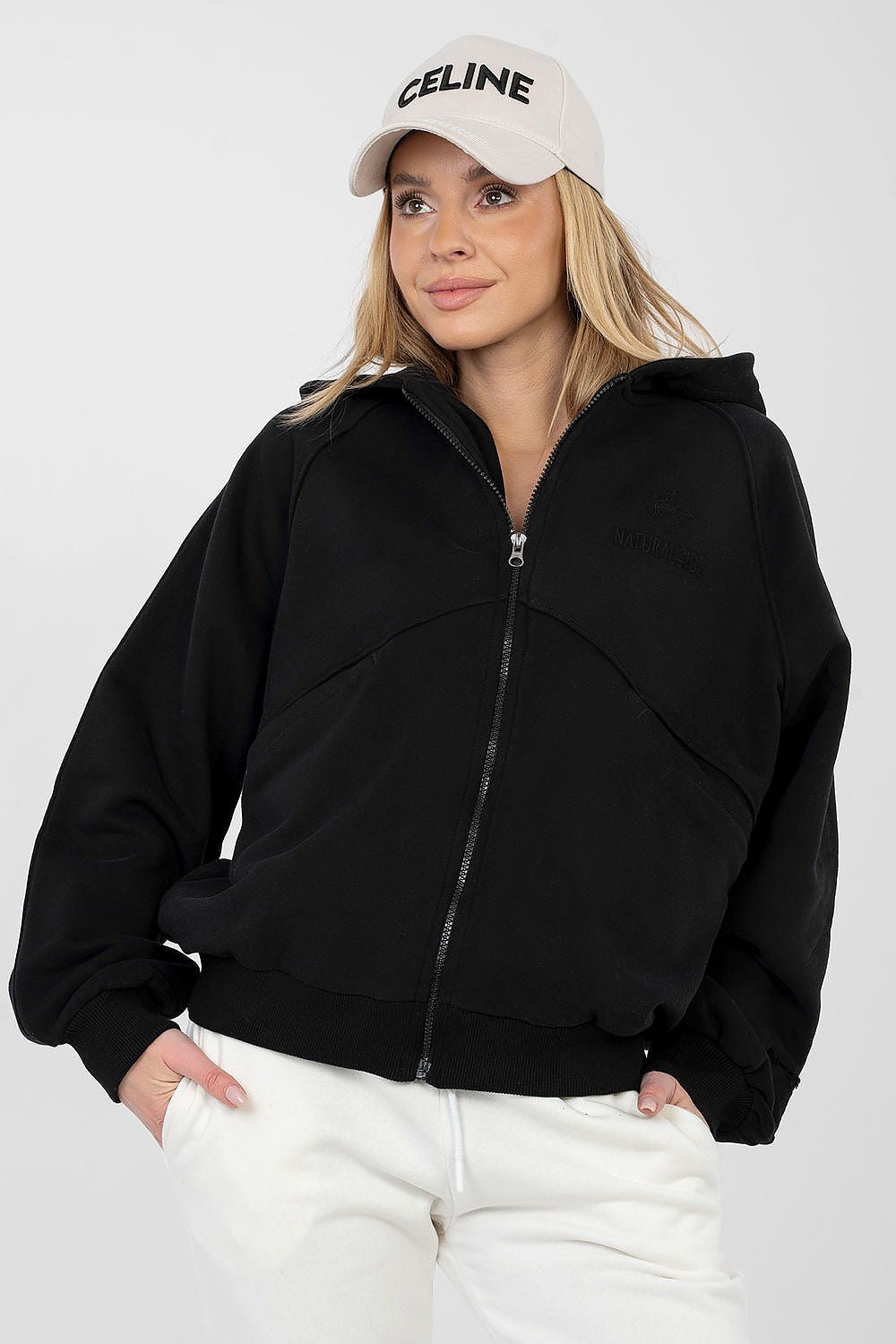 Women's hoodie black full zip with chest embroidery front view