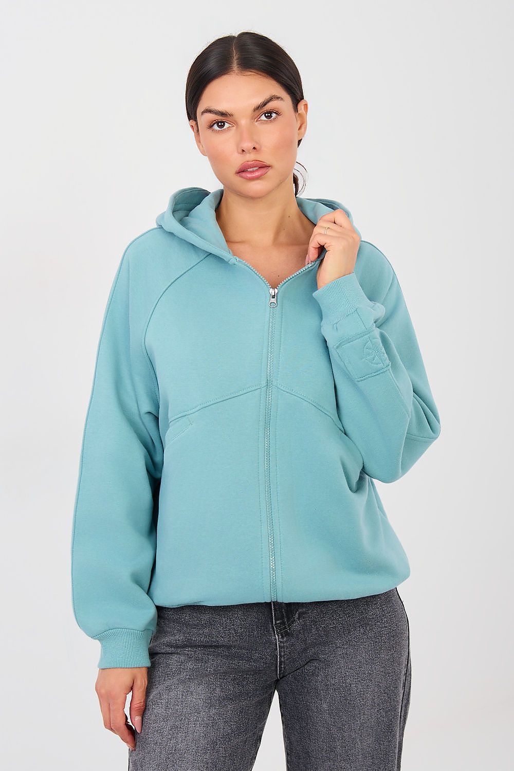 Women's hoodie blue full zip with chest embroidery front view
