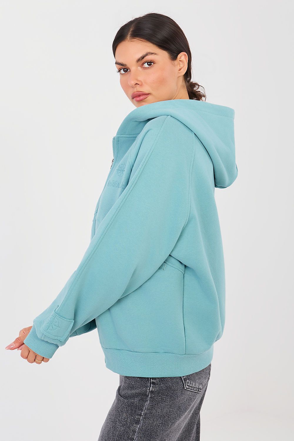 Women's hoodie blue zip-up casual view