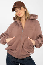 Women's hoodie brown full zip with chest embroidery front view