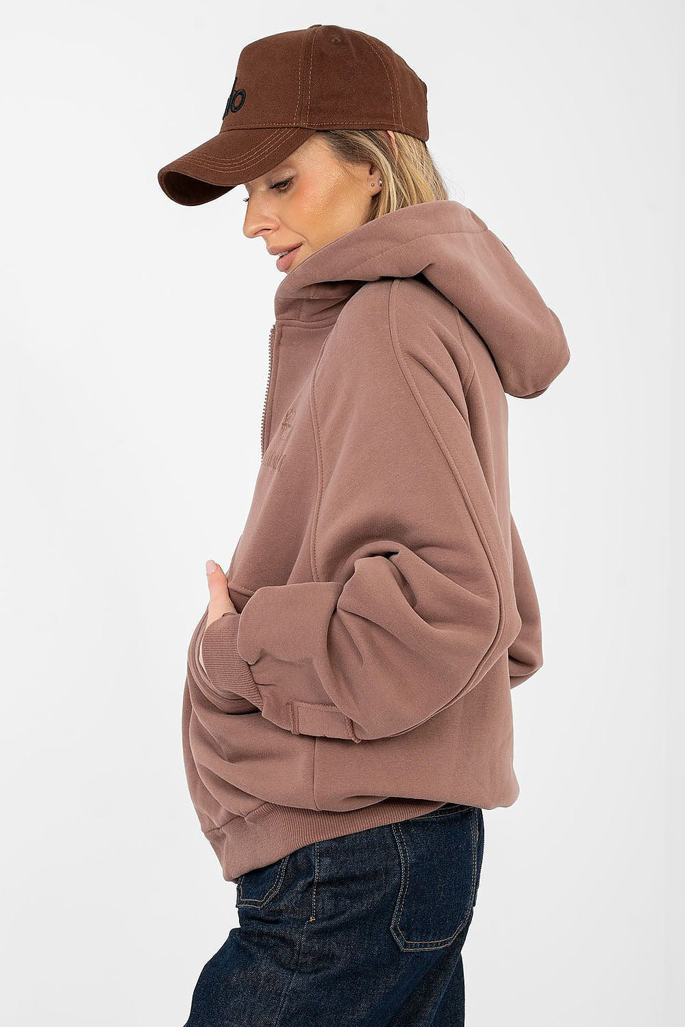 Women's hoodie brown zip-up casual view