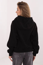 Women's hoodie black chest lettering detail view