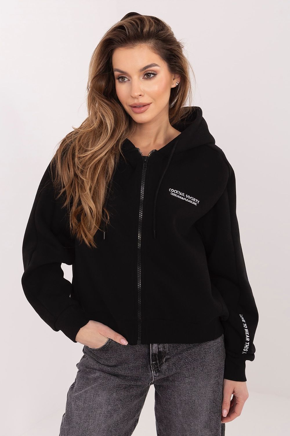 Women's hoodie black zip-up casual view