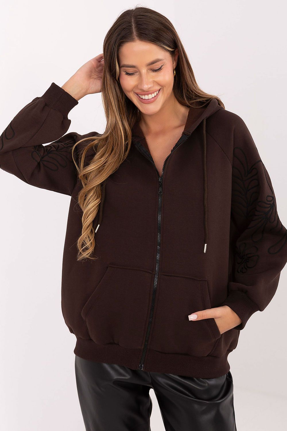 Women's hoodie brown full-zip embroidered front view