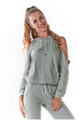 Women's hoodie green kangaroo pocket cutout cotton blend front view