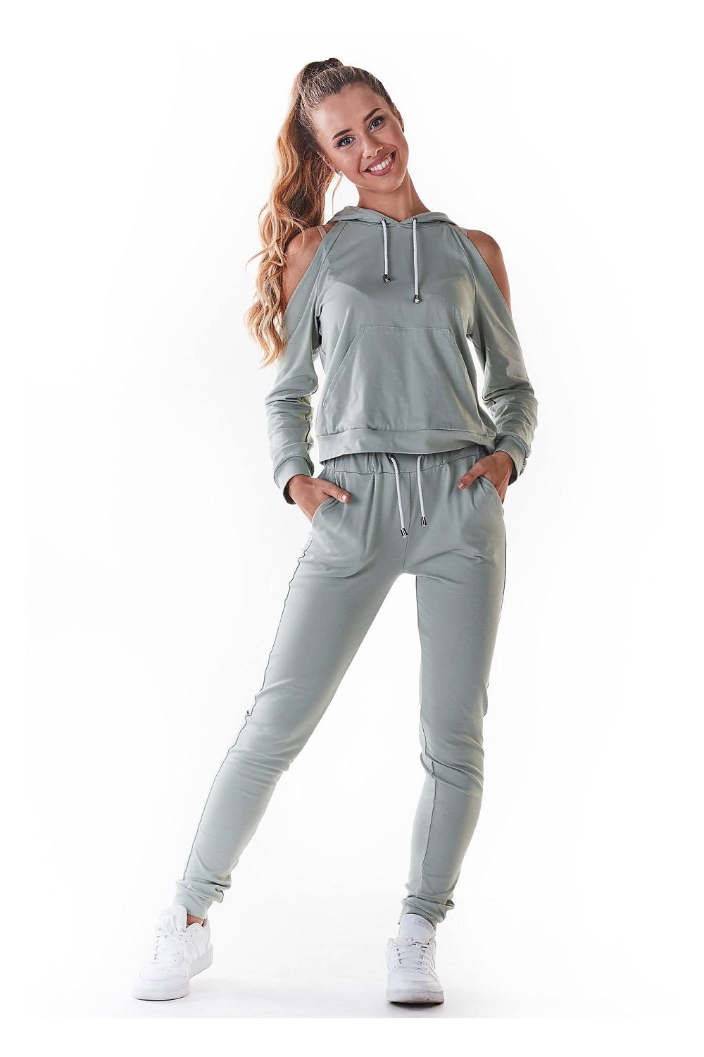 Women's hoodie green shoulder cutout long sleeves cotton blend