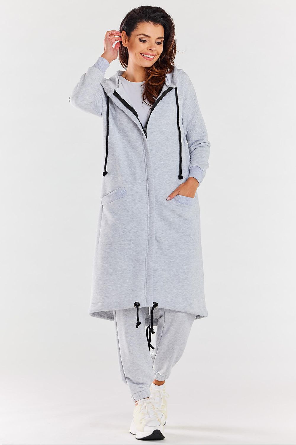 Women's hoodie grey longline full-zip drawstring cotton blend